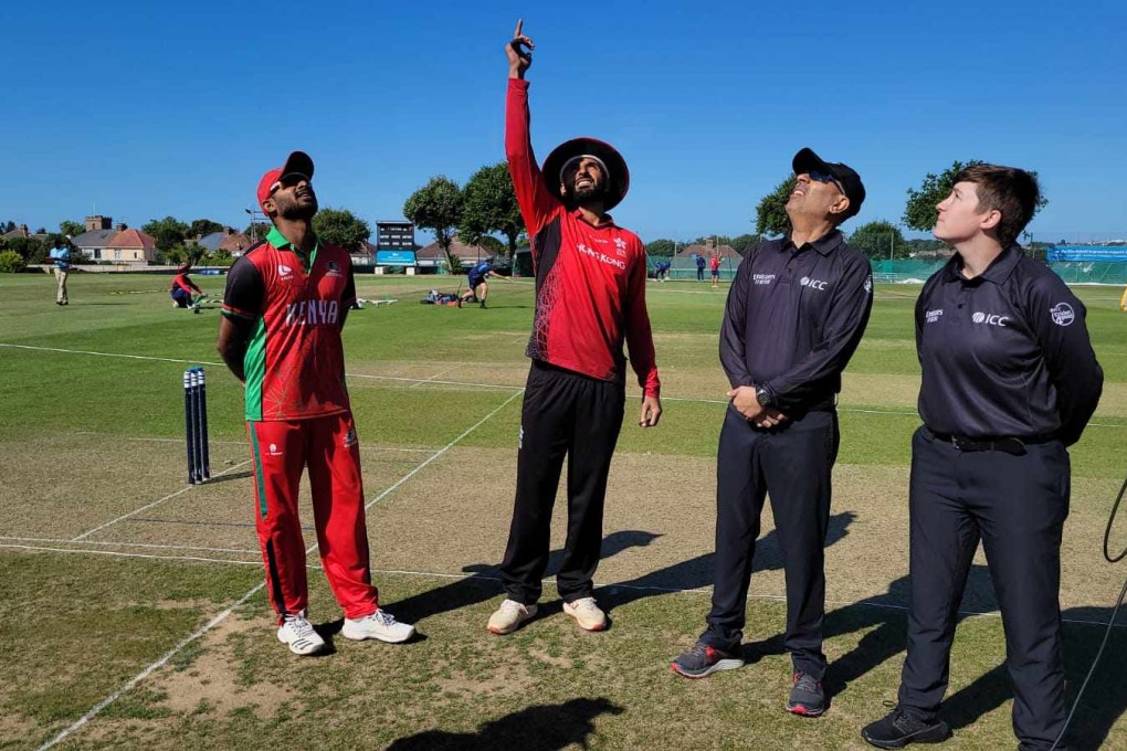 Nizakat Khan (centre), pictured at the toss before the Challenge League B clash with Kenya in Jersey this month, will again lead Hong Kong in the Asia Cup qualifiers. Photo: CHK