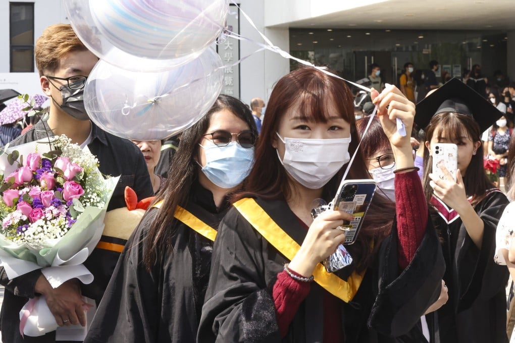 Newly minted Chinese University graduates celebrate their commencement on November 4, 2021. Photo: K.Y. Cheng