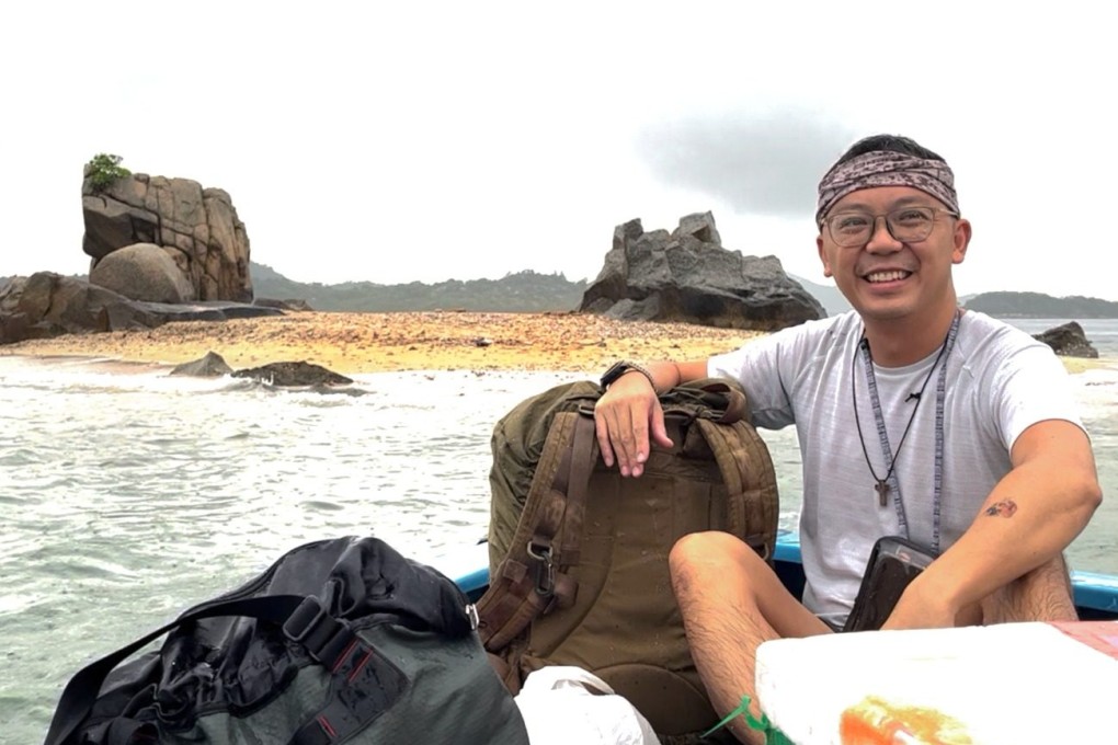 Hong Kong artist and adventurer Simon Wan in front of Wu Ying Pai, a rocky islet near Lantau that is his focus for the “Island(ed)“ exhibition at WMA in Central, Hong Kong. Photo: Courtesy of Simon Wan