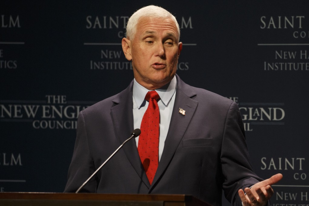 Former US Vice- President Mike Pence addresses an audience during a visit to the ‘Politics and Eggs,’ business gathering of the New Hampshire Institute of Politics on Monday. Photo: EPA-EFE