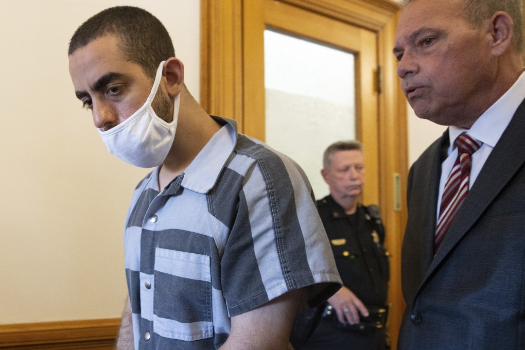 Hadi Matar, 24, and his lawyer Nathaniel Barone talk after an arraignment in the Chautauqua County Courthouse in Mayville, New York, on Thursday. Photo: AP