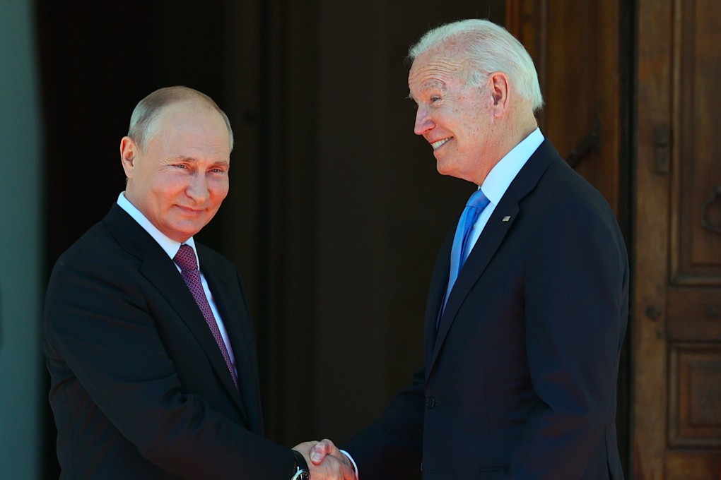 US President Joe Biden and Russia’s Vladimir Putin (left) shake hands during their meeting in Geneva. File photo: TASS/Zuma Press/TNS