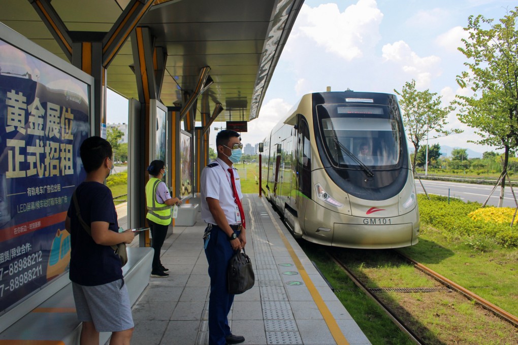 A hydrogen fuel cell tram arrives at a station in Foshan city, in Guangdong province, on August 17, 2021. Photo: Yujie Xue