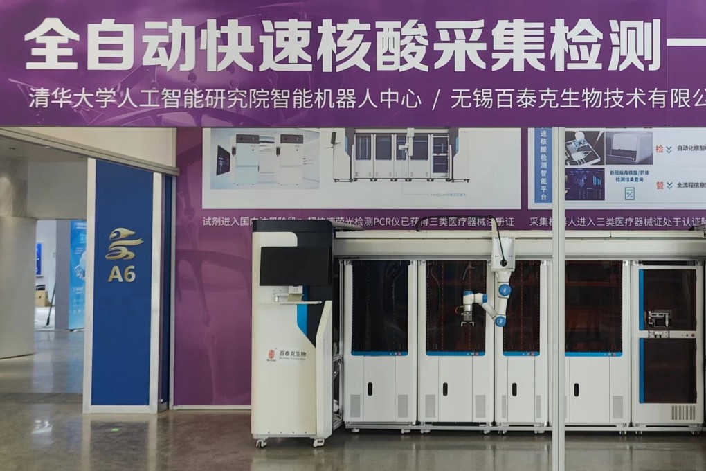 The BioTeke Covid-19 testing robot is displayed at this year’s World Robot Conference in Beijing.
Photo: Handout