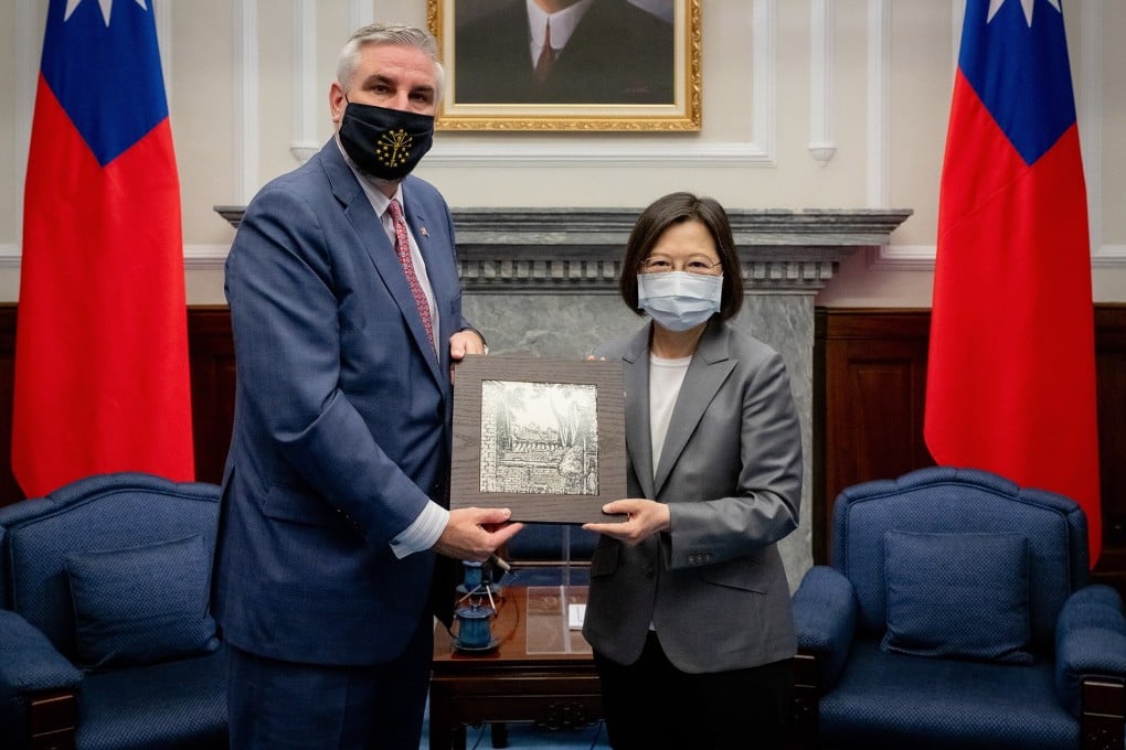 Indiana Governor Eric Holcomb meets Taiwanese President Tsai Ing-wen during a four-day visit to Taiwan. According to Taiwan’s foreign ministry, Indiana became the first US state to forge a sister-state relationship with Taiwan in 1979. Photo: EPA-EFE/Taiwan Presidential Office