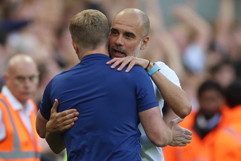Newcastle United manager Eddie Howe (left) and Manchester City counterpart Pep Guardiola embrace after their sides’ Premier League clash. Photo: Action Images via Reuters