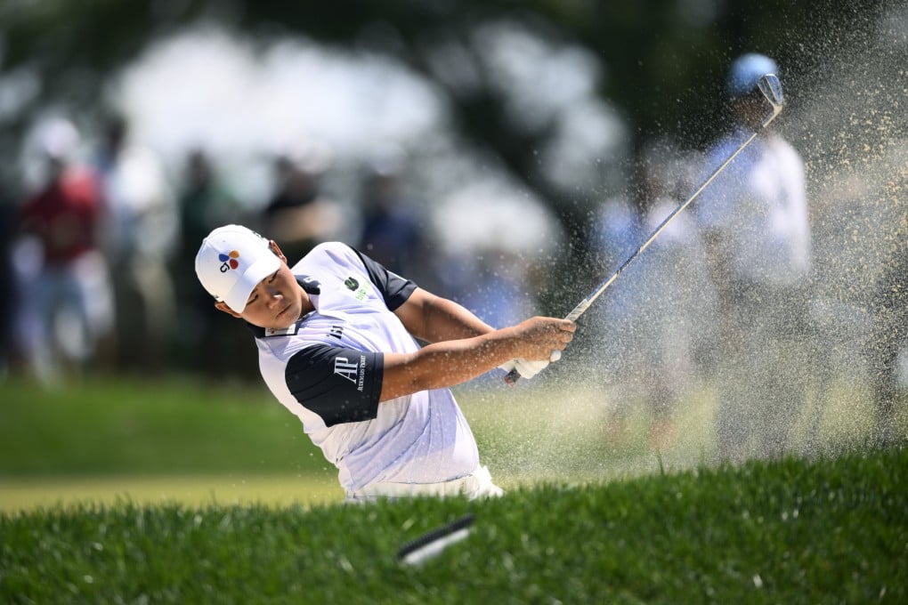 Joohyung Kim of South Korea plays a shot from the bunker on the 17th hole of the third round of the BMW Championship in Wilmington. Photo: AP