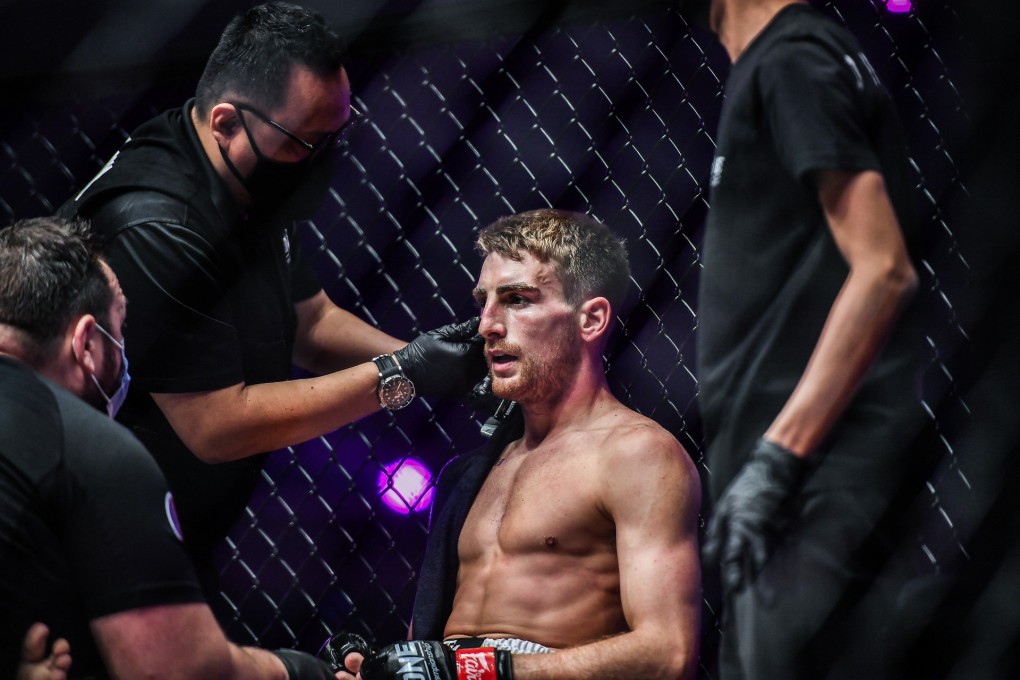 Jonathan Haggerty sits in his corner between rounds during his fight against Mongkolpetch Petchyindee at ONE: Bad Blood in Singapore. Photo: ONE Championship