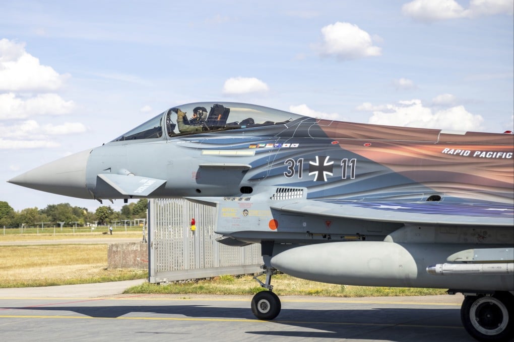 A German Eurofighter with special “Rapid Pacific 2022” livery prepares for take-off at Neuburg Air Base in Germany on August 15. A group of German air force fighter jets neared Singapore on August 16 in a marathon bid to fly them some 12,800km (8,000 miles) from their home base to Southeast Asia in just 24 hours. Photo: AP