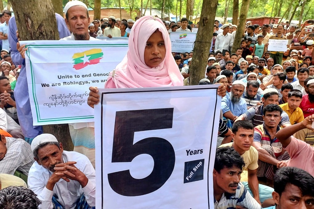 Rohingya refugees on Thursday as they gathered at a refugee camp in Bangladesh to mark the fifth anniversary of their fleeing from Myanmar to escape a military crackdown. Photo: Reuters