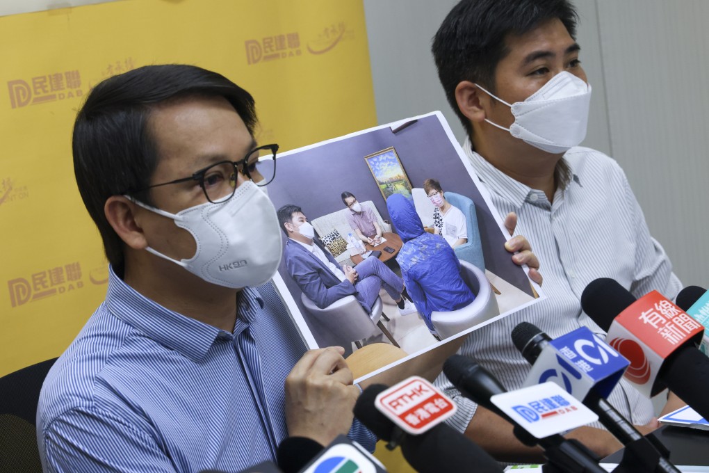 Hong Kong lawmaker Gary Chan Hak-kan (left) and DAB member Wu Check-him (right) hold a press conference in the Legislative Council about helping families of the victims of the human-trafficking scandal. Photo: Dickson Lee