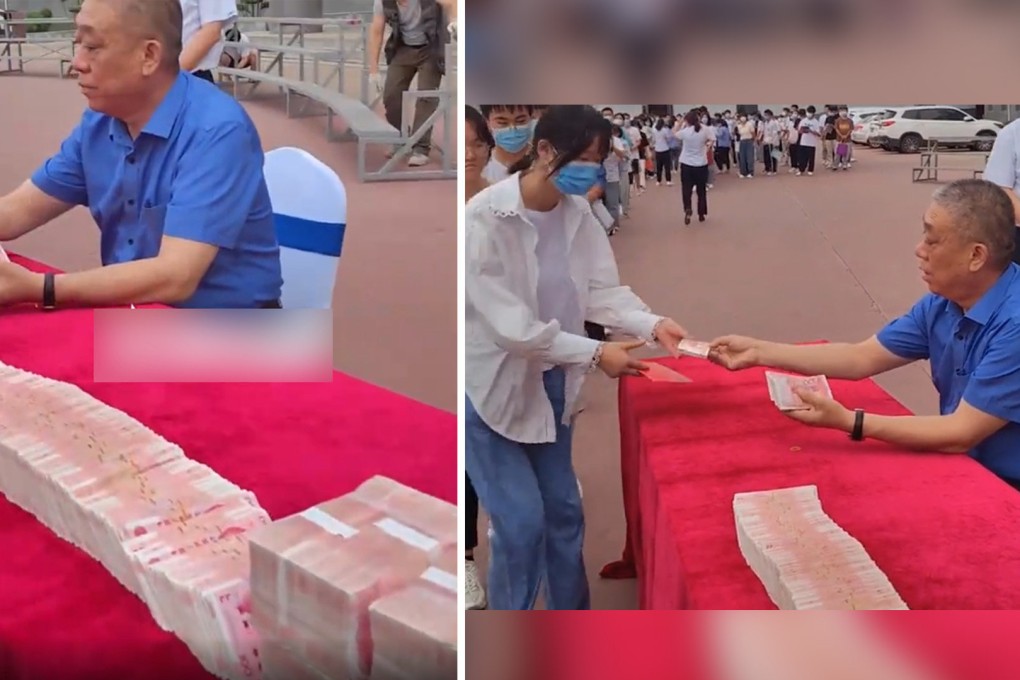 University students line up to collect money to help pay their tuition fees from a man who has donated US$4.7 million to thousands of struggling students over two decades. Photo: SCMP composite