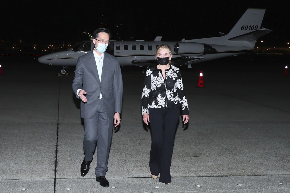 US Senator Marsha Blackburn, Republican of Tennessee, walks with Douglas Yu-Tien Hsu, the head of Taiwan’s department of North American affairs, after her arrival in Taipei on Thursday night. Photo: Taiwan Ministry of Foreign Affairs via AP