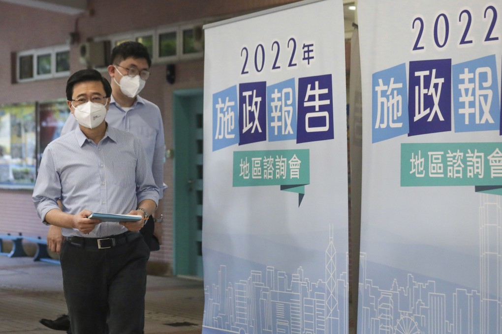 John Lee meets the press after a policy address consultation session at Hong Kong Southern District Government Primary School. Photo: Xiaomei Chen