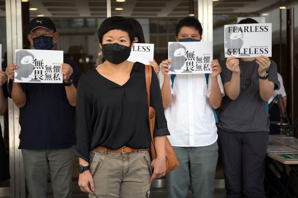 Freelance TV journalist Bao Choy, who has appealed against her conviction for a breach of the Road Traffic Ordinance in connection with a report, speaks to the press outside the High Court. Photo: Brian Wong