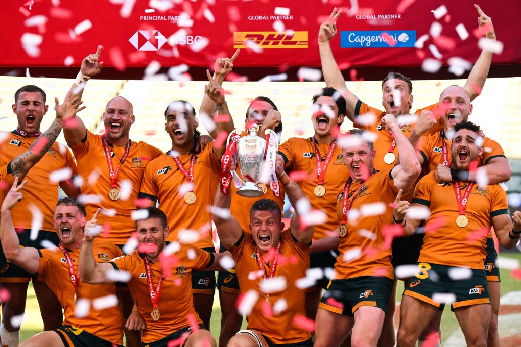 Australia’s rugby 7s team celebrates winning the World Rugby HSBC Sevens Series Championship. Photo: AFP