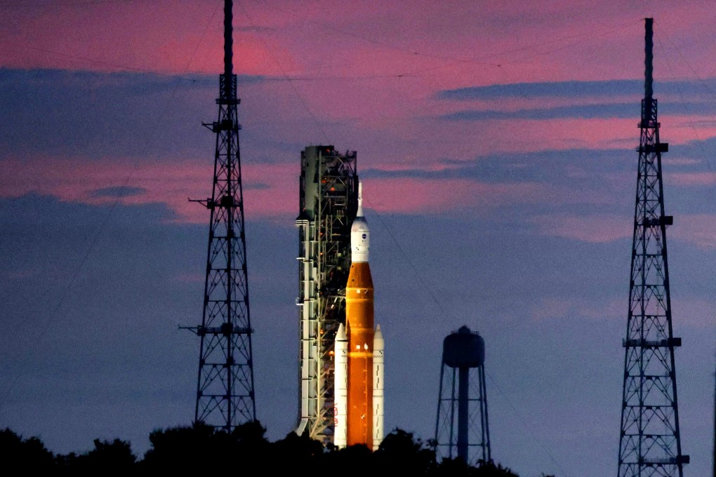 Artemis I, Nasa’s Space Launch System heavy-lift rocket carrying the Orion spacecraft, sits on Launch Pad 39-B at Kennedy Space Centre, Florida, US on Sunday. Photo: Orlando Sentinel / TNS