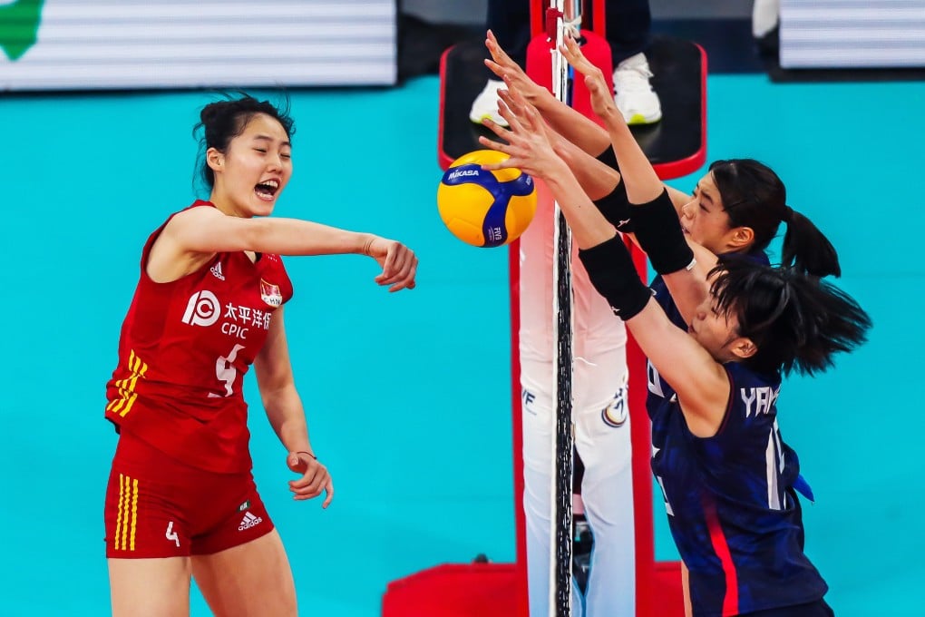 Wang Yifan (left) of China spikes the ball during the 2022 AVC Cup final against Japan at the Philsports Arena in Pasig City, the Philippines. Photo: Xinhua