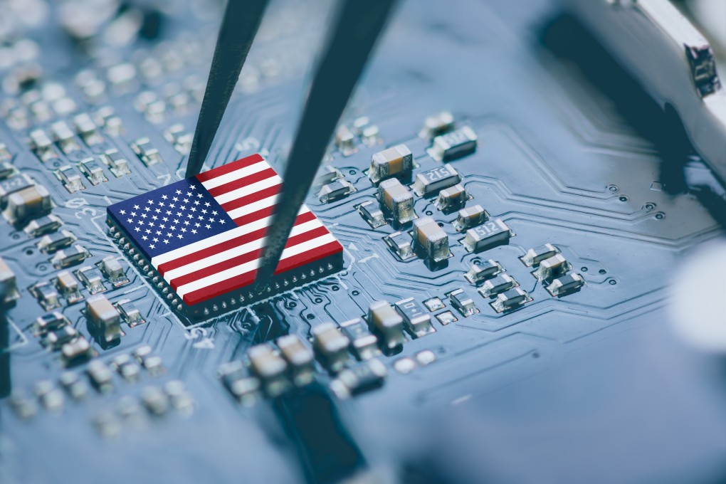 United States flag seen on a microchip on a circuit board. The US Chips Act has been criticised by Chinese groups. Photo: Shutterstock