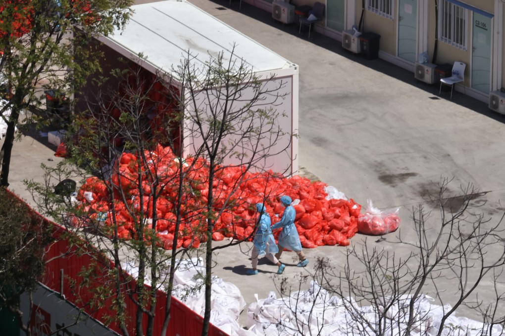 Bags full of waste are piled up for disposal at the Tsing Yi community isolation facility on March 9. Photo: K. Y. Cheng
