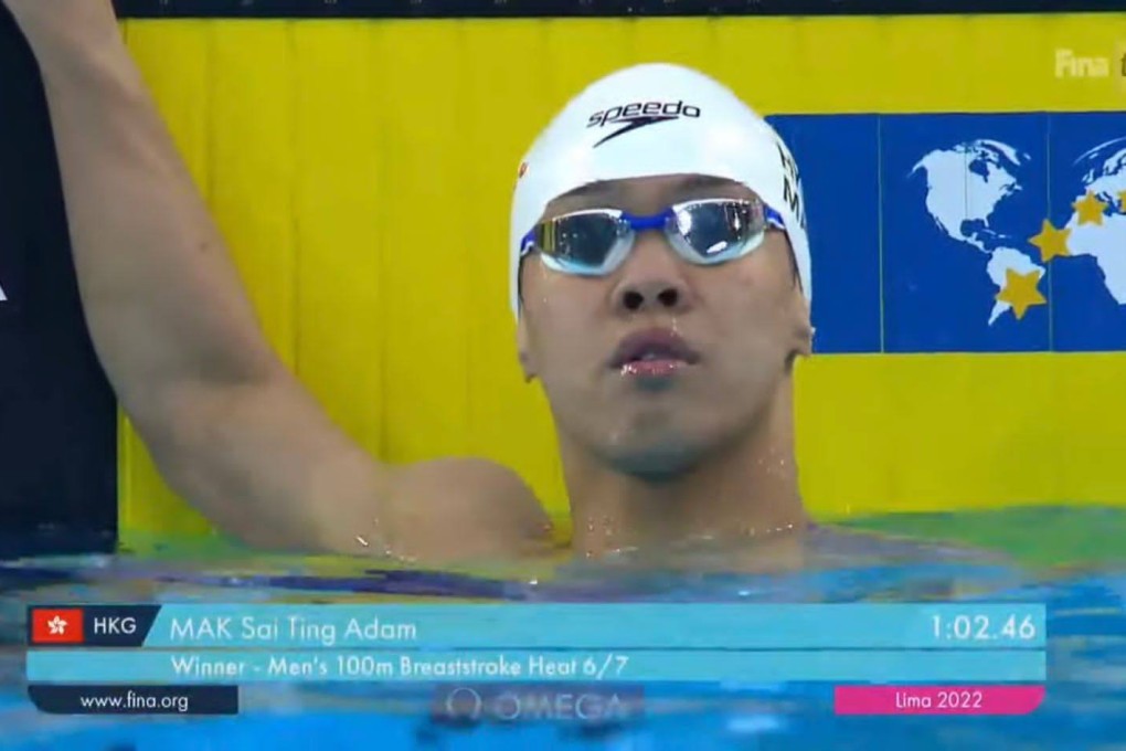 A video screen grab shows Adam Mak after his record-breaking swim at the Fina World Junior Swimming Championships in Peru.