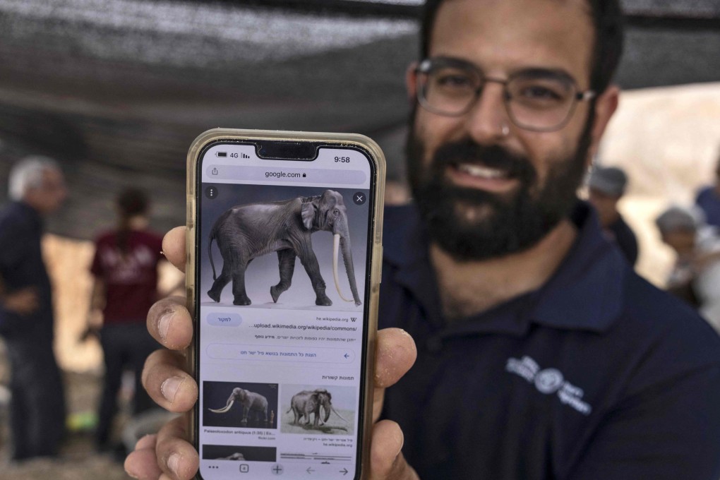 Avi Levy, an archaeologist from Israel Antiquities Authority, shows an image of an ancient straight-tusked elephant, at the site where a 2.5-meter-long tusk was discovered, near Kibbutz Revadim in southern Israel on Wednesday. Photo: AFP