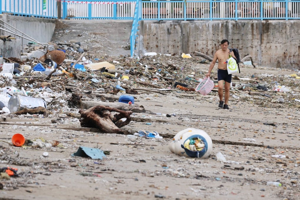 Plastic waste swept onto Hong Kong’s shorelines by Typhoon Kompasu lies strewn across Silverstrand Beach in Sai Kung, on October 14, 2021. Photo: May Tse
