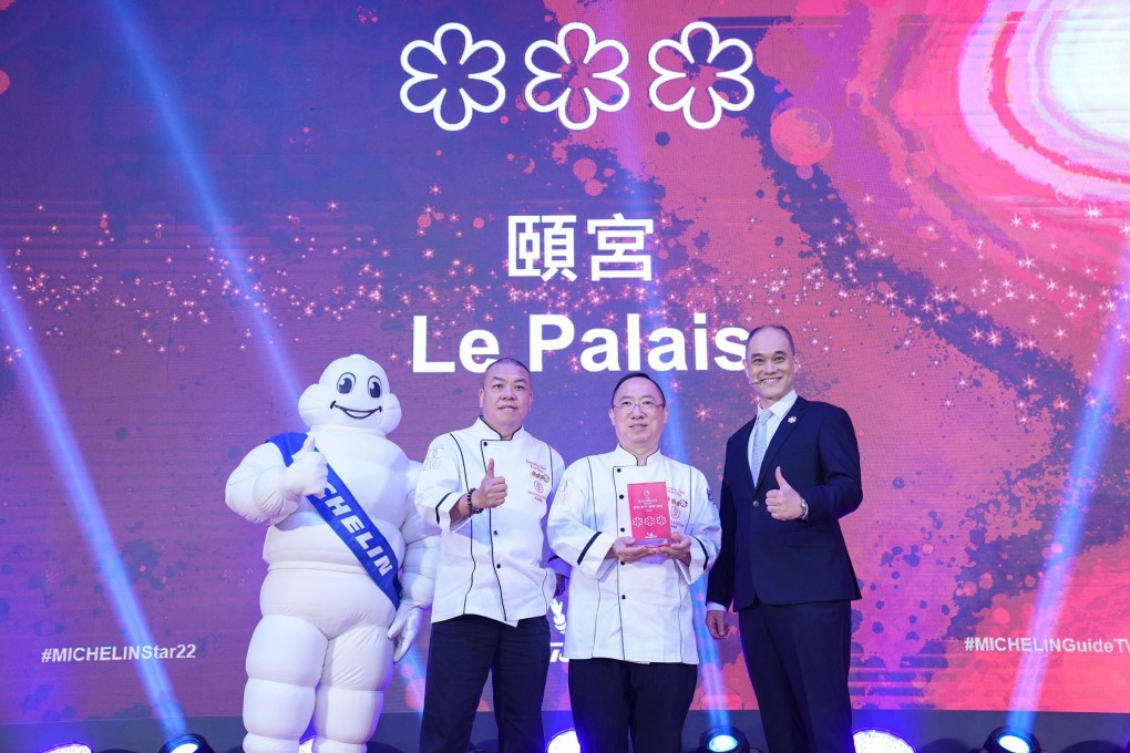 The Michelin Guide covering Taiwan now includes restaurants from the south of the island. Le Palais chefs Ken Chan (left) and Matt Chen with Jay Mao, chairman of Michelin Taiwan. Photo: Michelin Taiwan