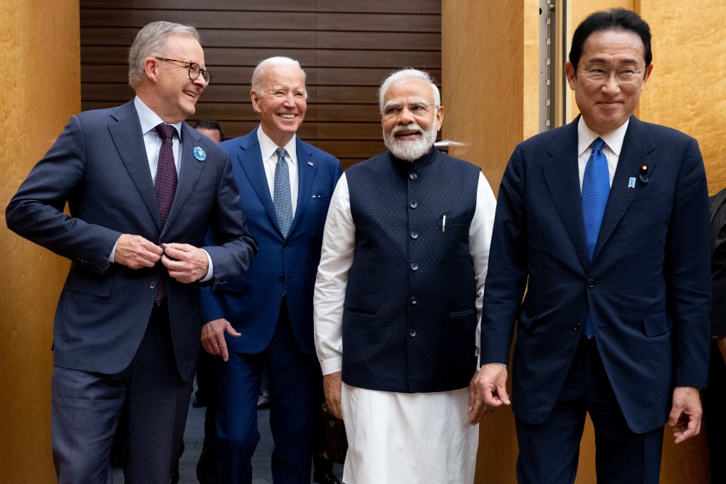 From the left, Australian Prime Minister Anthony Albanese, US President Joe Biden, Indian Prime Minister Narendra Modi and Japanese Prime Minister Kishida Fumio arrive for their Quad leaders’ meeting at the Japanese prime minister’s office in Tokyo on May 24. Photo: AFP