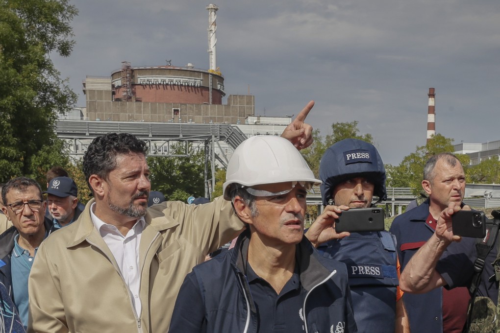 A picture taken during a visit organised by the Russian military shows International Atomic Energy Agency Director General Rafael Mariano Grossi (centre) his team members inspecting the Zaporizhzhia nuclear plant on Thursday. Photo: EPA-EFE