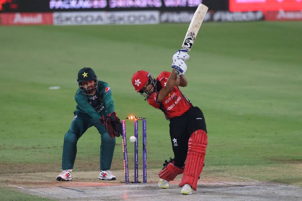 Hong Kong’s Ayush Shukla is bowled during the Asia Cup Twenty20 match against Pakistan. Photo: AFP