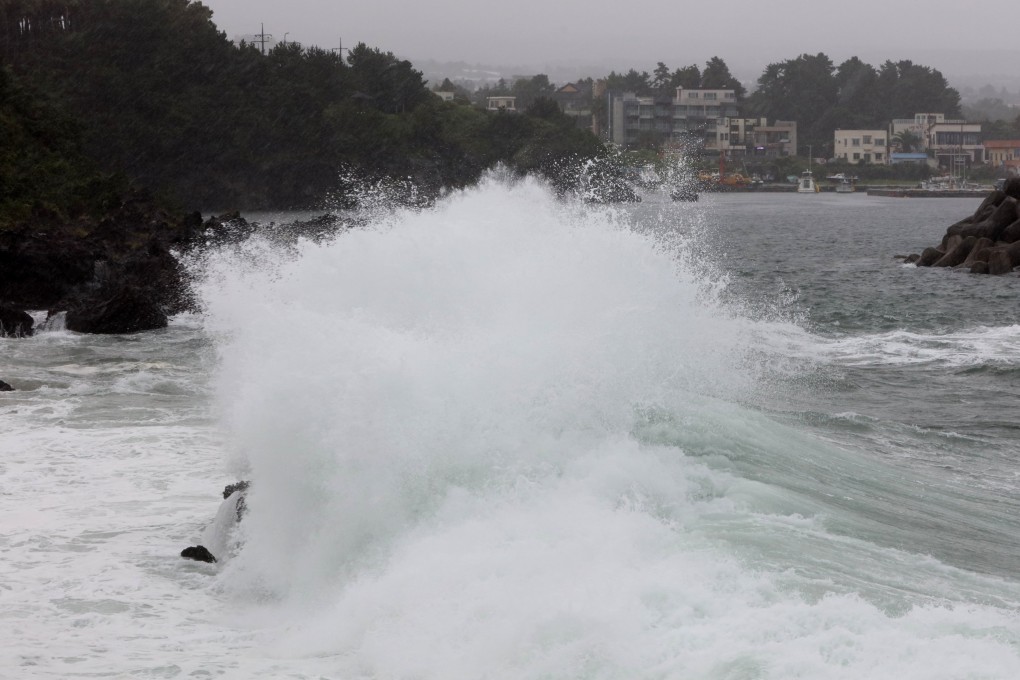 High waves hit the southern coast of Jeju Island, South Korea, on Friday as ‘super’ typhoon Hinnamnor approaches. Photo: EPA-EFE