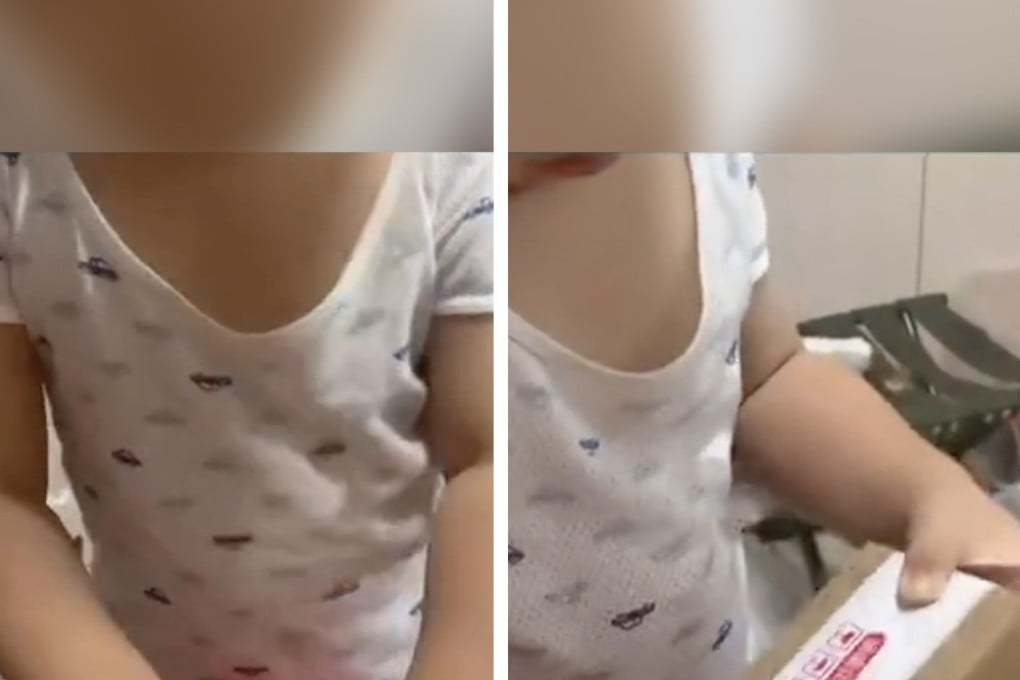 A two-year-old child in China is an expert gift wrapper. Photo: SCMP composite