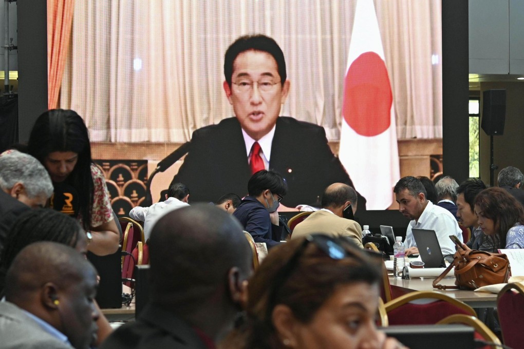 Japanese Prime Minister Fumio Kishida addresses the Tokyo International Conference on African Development in Tunis on August 27. Photo: Kyodo