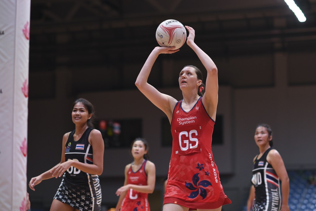 Hong Kong’s Krystal Edwards takes a shot during her side’s Group D game against Thailand in the Asian Netball Championships. Photo: Netball Singapore