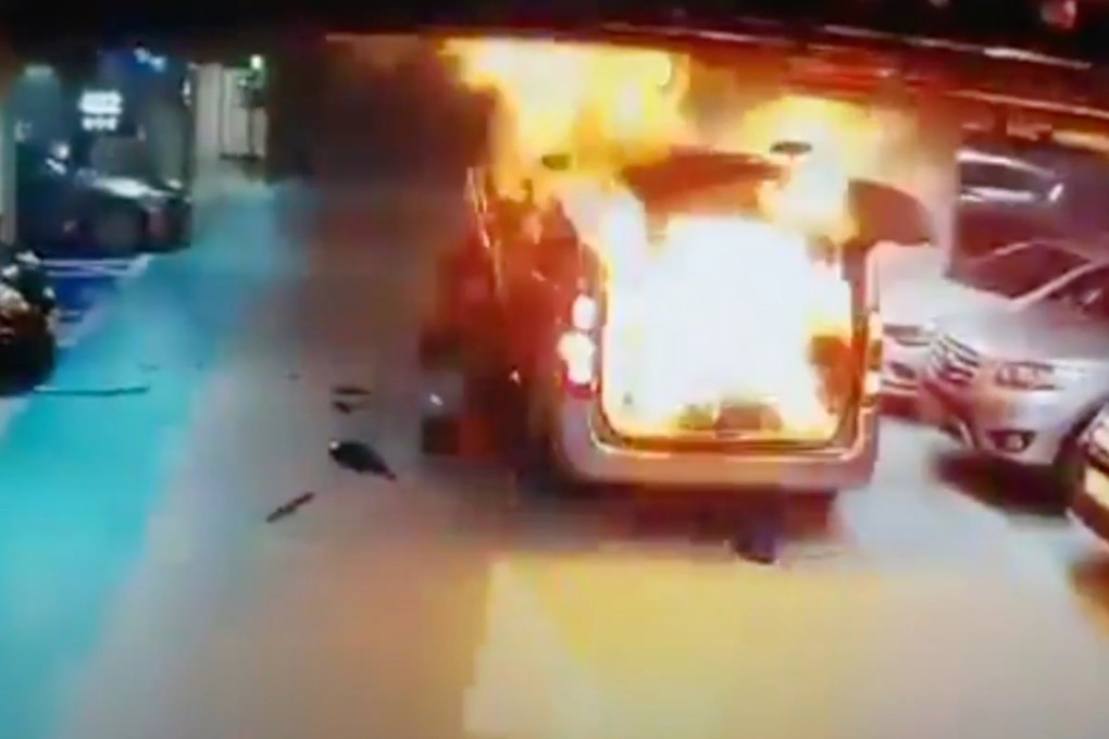A mobile car washer was jailed in South Korea on Monday for lighting up next to a gas canister and sparking a fire that gutted the basement of an apartment block in the southern city of Cheonan where hundreds of cars were parked. Photo: Screen shot courtesy JoongAng video