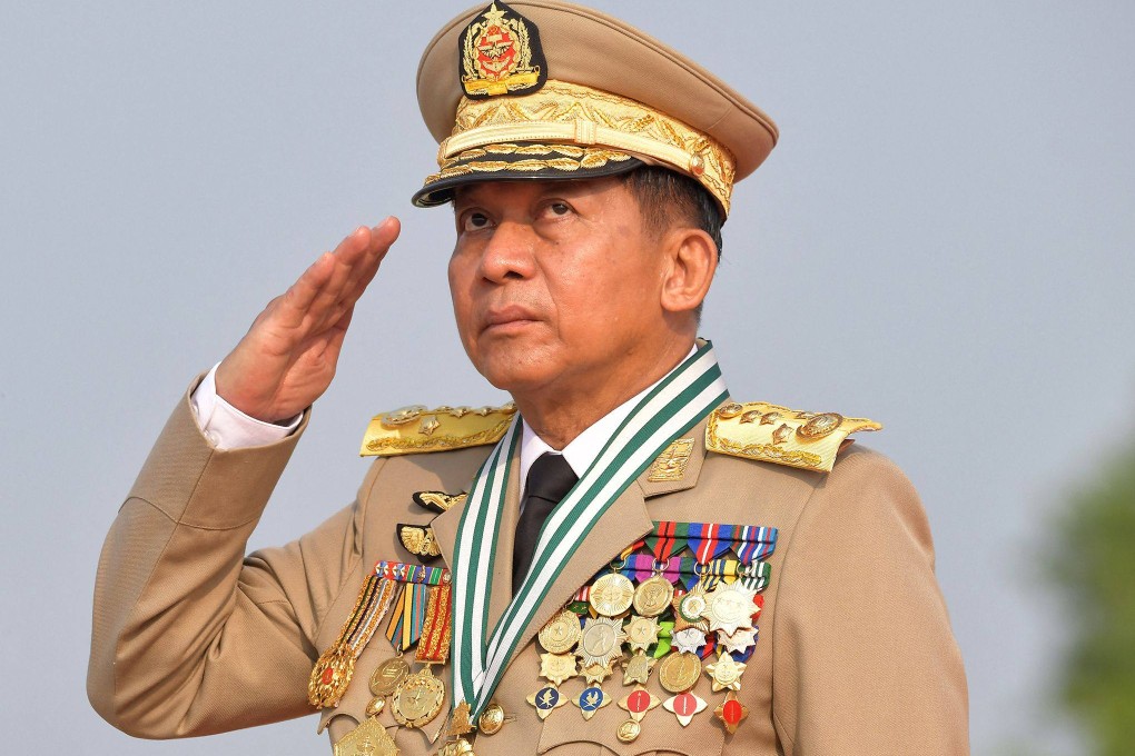 Chief Senior General Min Aung Hlaing attends a ceremony to mark Myanmar’s 77th Armed Forces Day in Naypyidaw in March 2002.  Photo: Myanmar Military Information Team/Handout via AFP