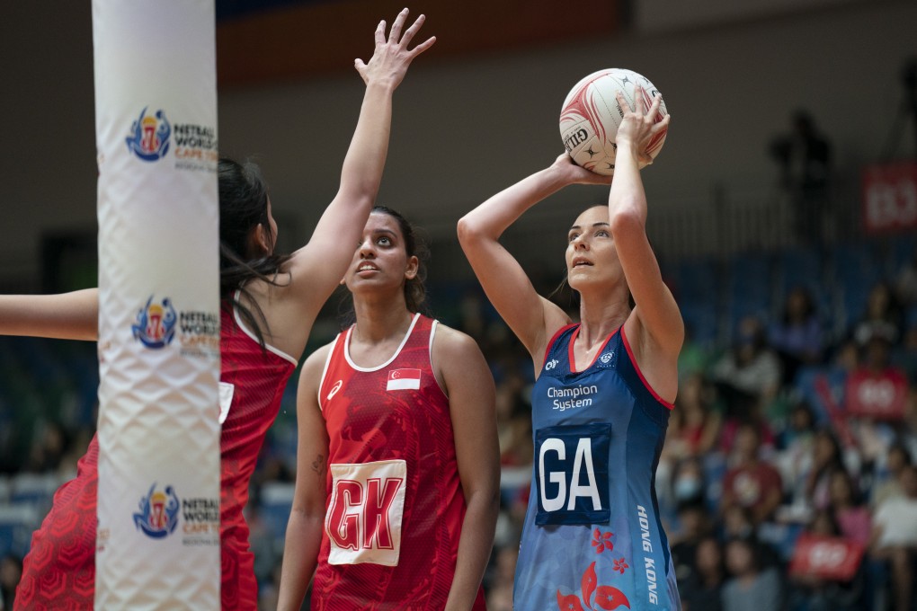 Hong Kong’s Elderi Bennett-Horak takes a shot during her side’s Asian Netball Championship game against Singapore (Sept 6, 2022). Photo: Netball Singapore