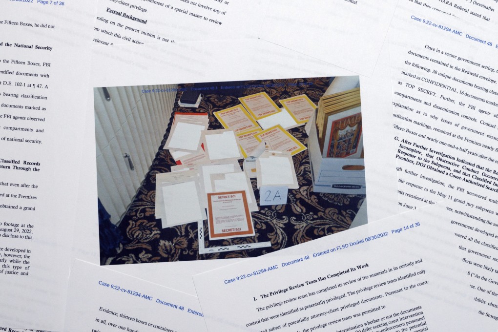 Pages from a Department of Justice court filing in response to a request from Donald Trump for a special master to review documents seized during the August 8 search of Mar-a-Lago. Photo: AP