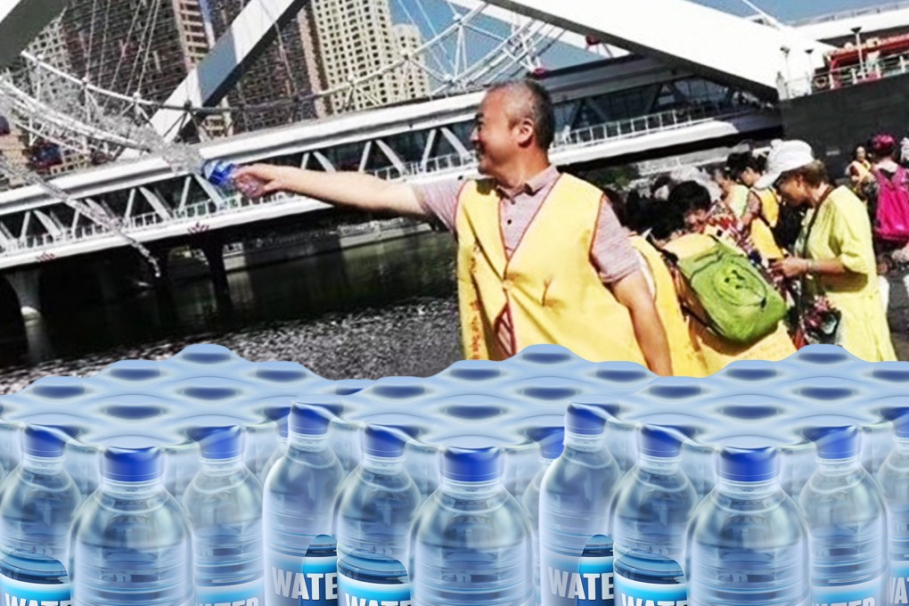 A group of people pouring bottled mineral water into a river and praying for good health causes an online  backlash, with people accusing the group of waste. Photo: SCMP composite