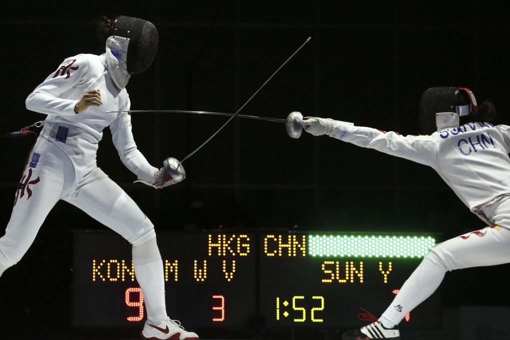 Woman’s final epee between Hong Kong’s Vivian Kong Man-wai (Left) and China’s Sun Yiwen at the AsiaWorld-Expo. Photo: Jonathan Wong