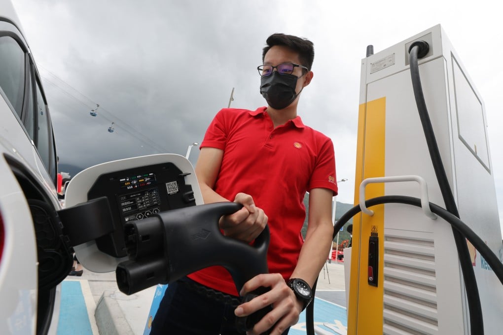 Hong Kong’s first combined refuelling station for electric cars and fuel vehicles was launched at the Shell Airport (Cargo Terminal) Gas and Charging Station, at Chek Lap Kok, on May 20. Photo: Dickson Lee