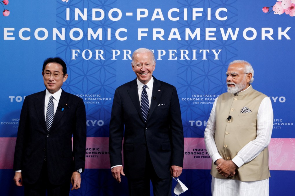 From left, Japanese Prime Minister Fumio Kishida, US President Joe Biden and Indian Prime Minister Narendra Modi at the introduction of the Indo-Pacific Economic Framework in Tokyo on May 23. Photo: Reuters