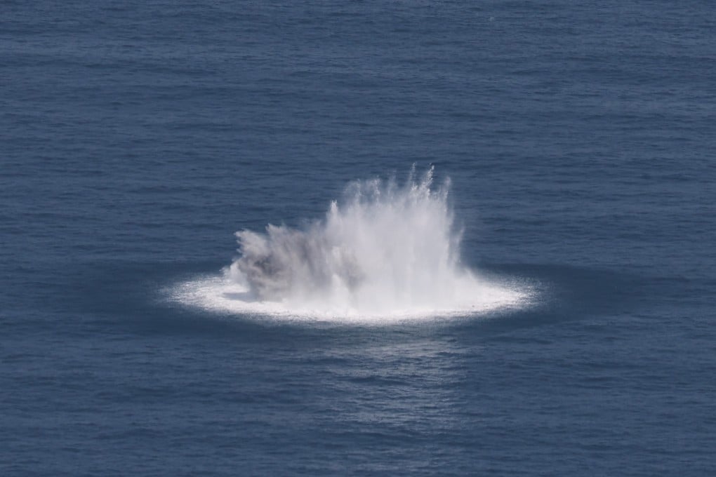 The explosion of the mine created a huge splash on the sea surface. Photo: Yik Yeung-man