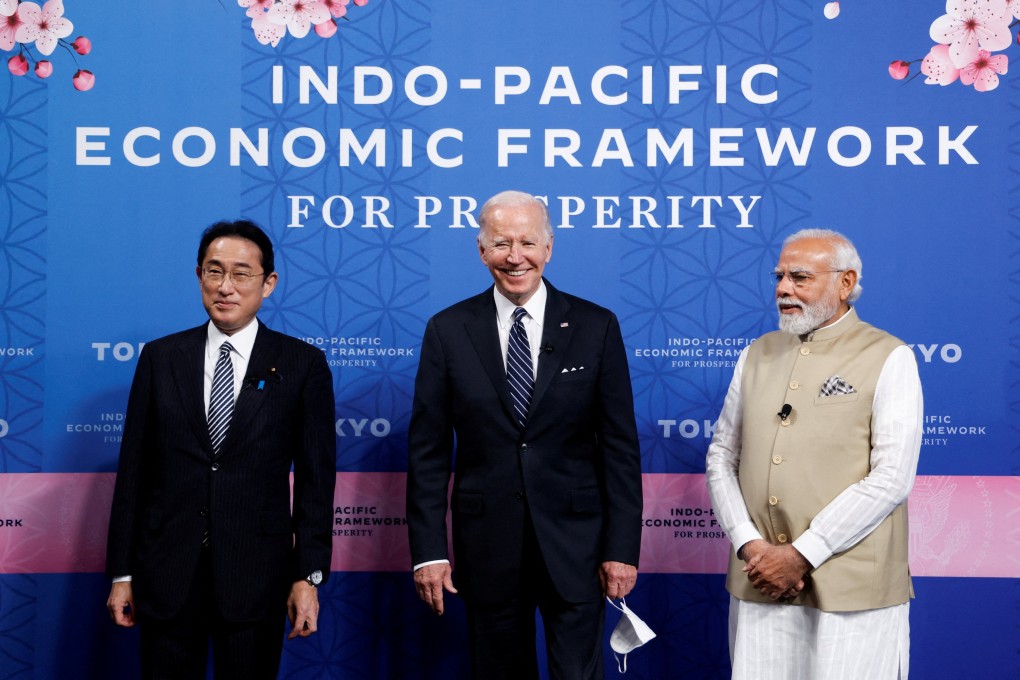 From the left, Japanese Prime Minister Fumio Kishida, US President Joe Biden and Indian Prime Minister Narendra Modi attend the launch of the Indo-Pacific Economic Framework for Prosperity, at Izumi Garden Gallery in Tokyo, on May 23. Photo: Reuters