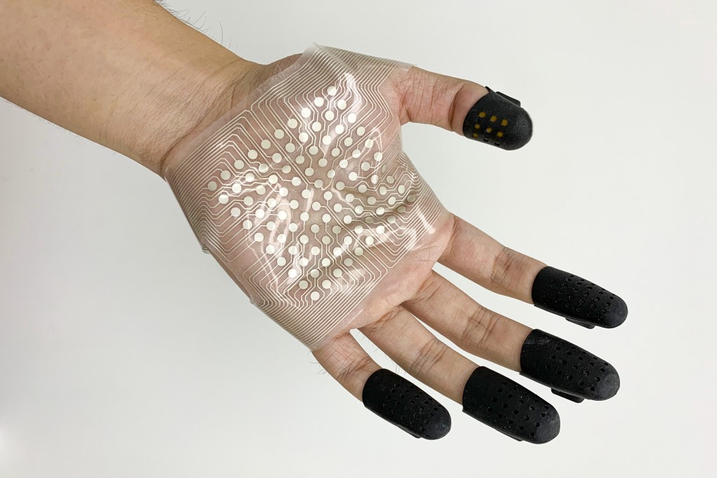 A Chinese team’s wearable device induces current in the skin to stimulate nerves and simulate touch. Photo: Robotics X Lab, Tencent Technology