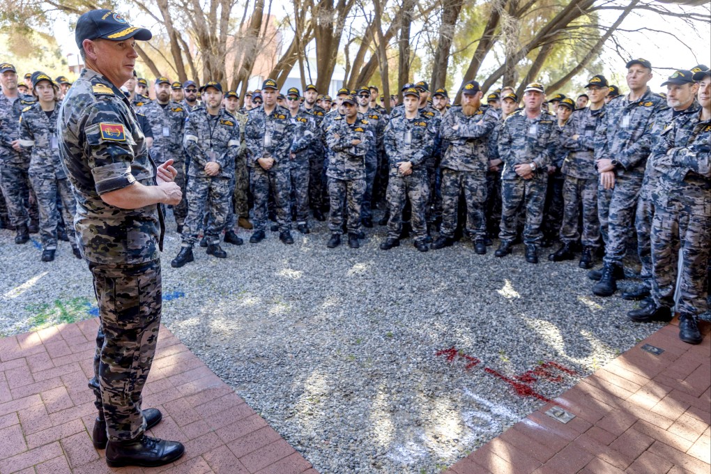 Australian navy chief Mark Hammond speaks to sailors during a visit to a naval base in Rockingham, Western Australia, on August 25. Photo: Royal Australian Navy via AP