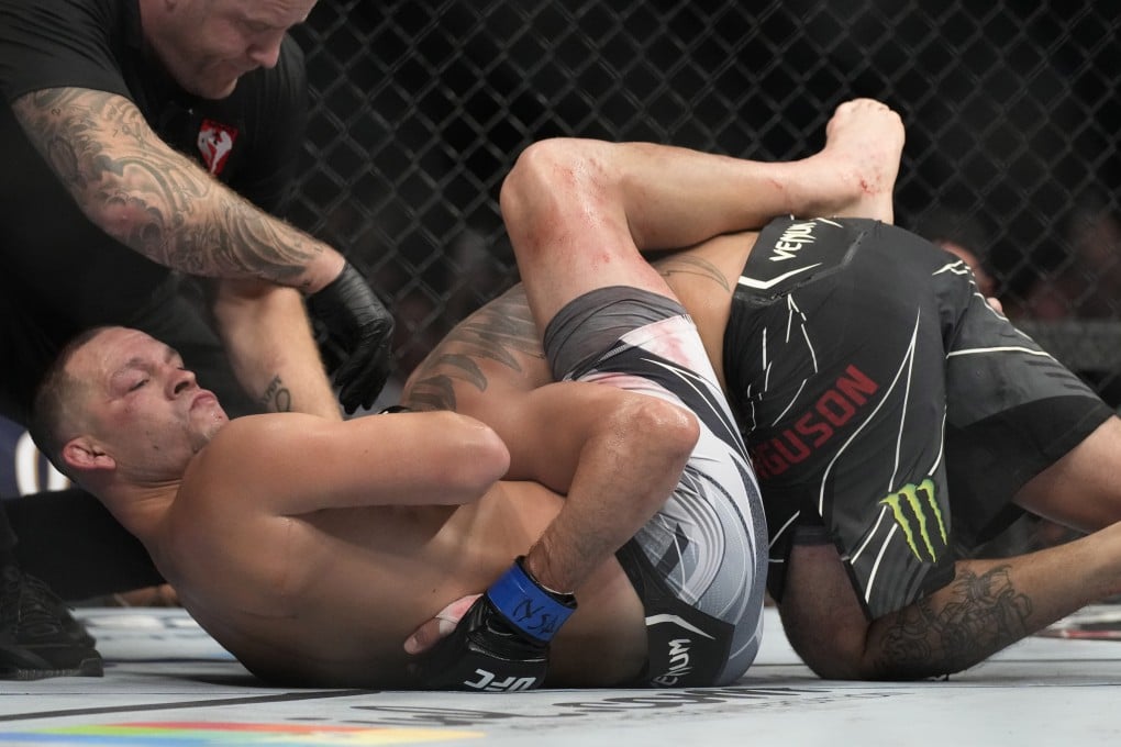 Nate Diaz reacts after submitting Tony Ferguson at UFC 279 in Las Vegas. Photo: AP