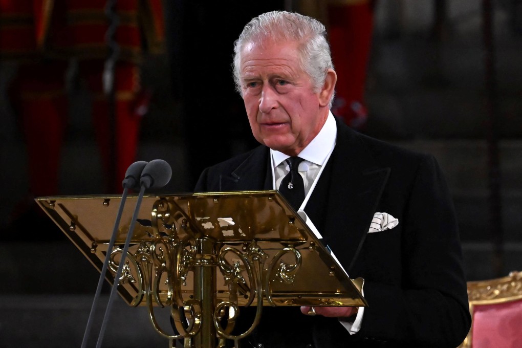Britain’s King Charles addresses both Houses of Parliament in Westminster Hall on Monday. Photo: AFP