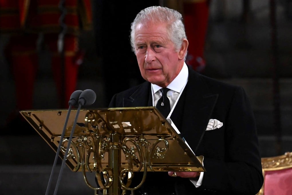 Britain’s King Charles addresses both Houses of Parliament in Westminster Hall on Monday. Photo: AFP
